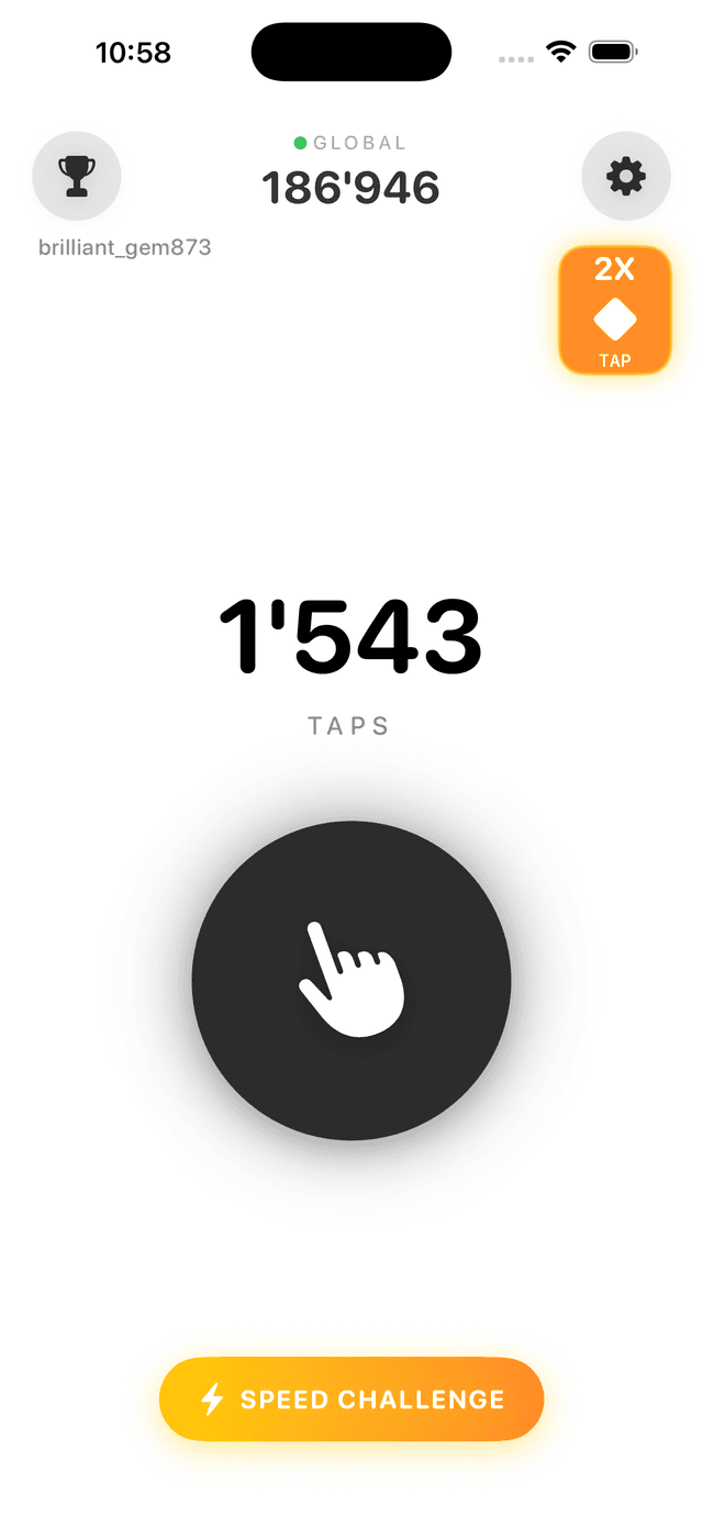Main tapping screen with global counter and 2X multiplier