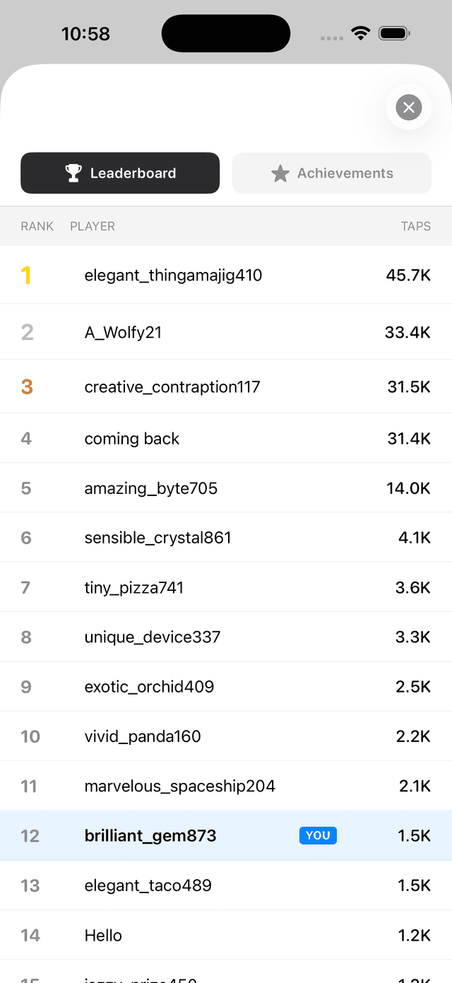 Global leaderboard with top players and rankings